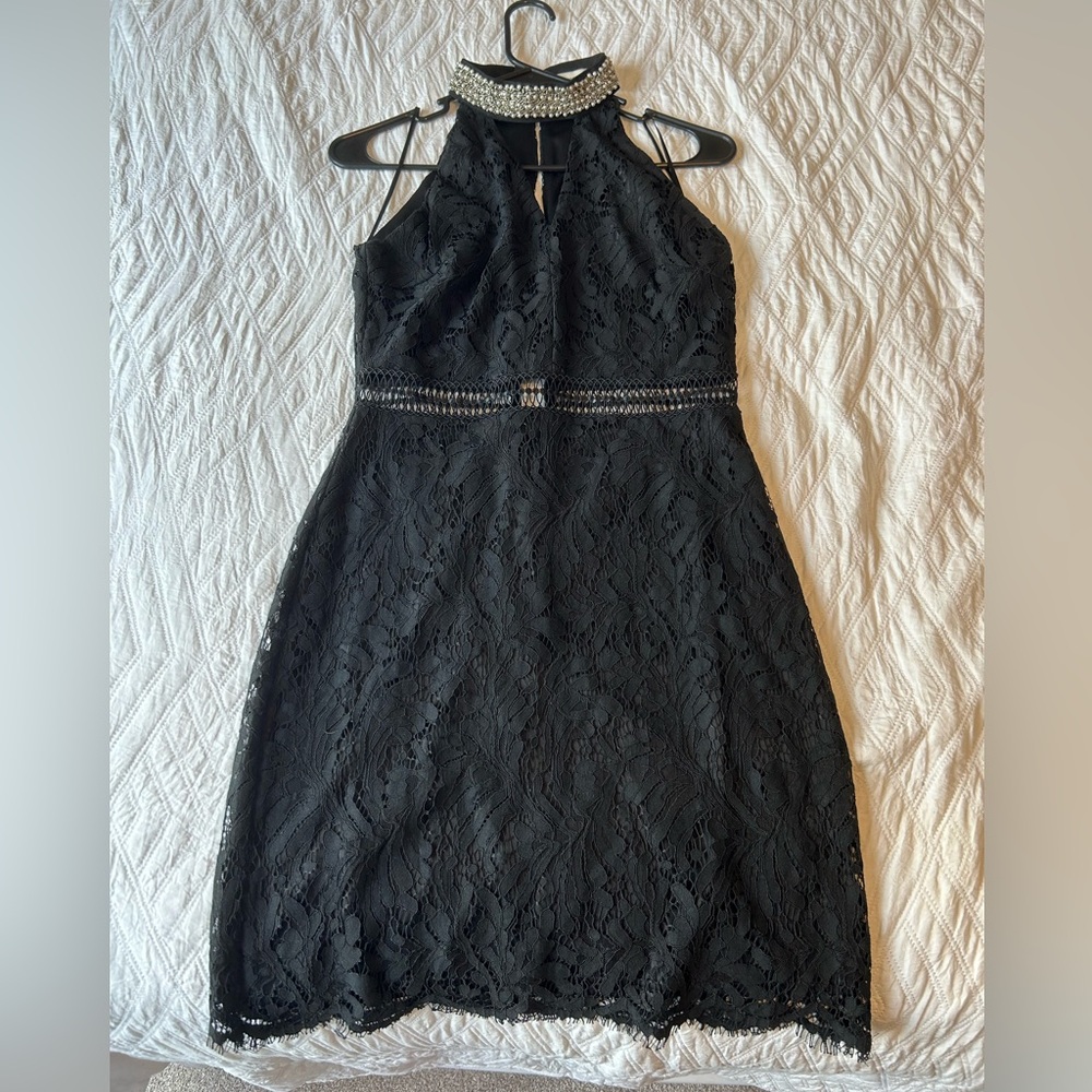 Black lace cocktail dress with embellished collar
